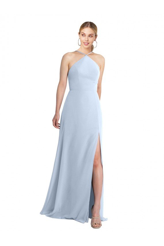 Cheapest Halter Neck Long Chiffon Bridesmaid Dress with Strappy Back and Daring Side Slit UK