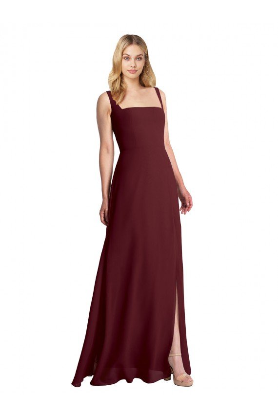Cheapest Square Neckline Soft A-Line Chiffon Bridesmaid Dress with Side Slit UK