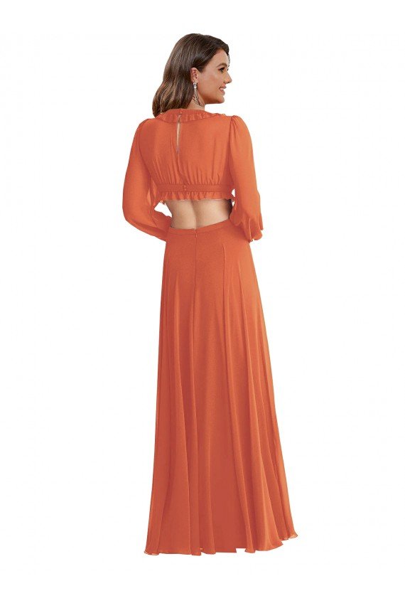 Cheapest High Low Ruffled Long Chiffon Cutout Bishop Sleeves Maxi Bridesmaid Dress UK