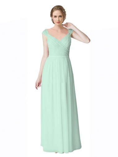 Cheapest Long Chiffon Bridesmaid Dress with Corded Lace V-Neck Bodice UK
