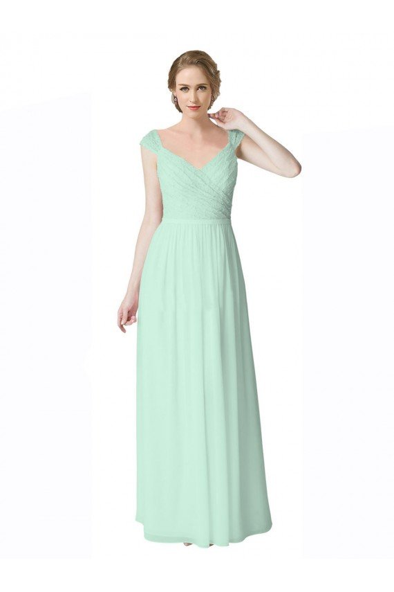 Cheapest Long Chiffon Bridesmaid Dress with Corded Lace V-Neck Bodice UK