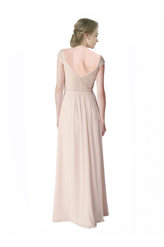 Cheapest Long Chiffon Bridesmaid Dress with Corded Lace V-Neck Bodice UK