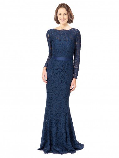 Cheapest Long Sleeves Floor Length Vintage Lace Bridesmaid Dress with Deep V-Back UK