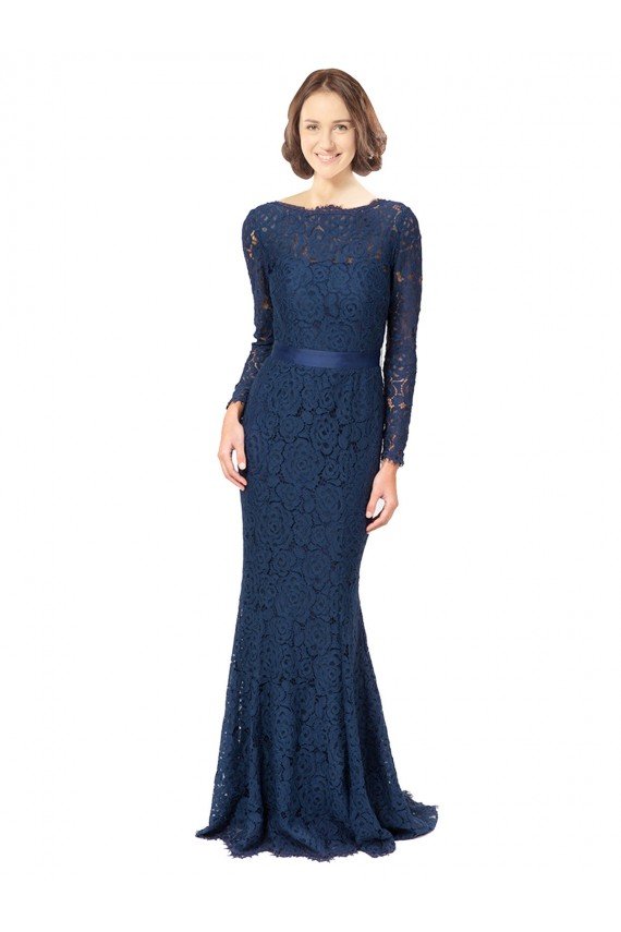 Cheapest Long Sleeves Floor Length Vintage Lace Bridesmaid Dress with Deep V-Back UK
