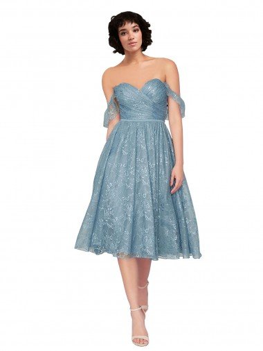 Cheapest Off the Shoulder Sweetheart Chantilly Lace Midi Length Cocktail Bridesmaid Dress UK