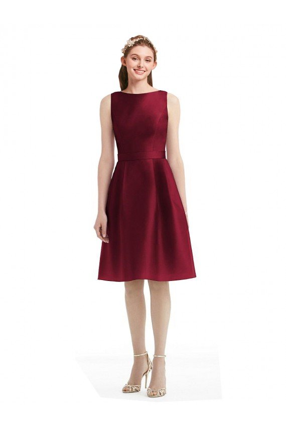Cheapest Short Midi Length Satin Cocktail Bridesmaid Dress with Bateau Neckline and V-Back UK