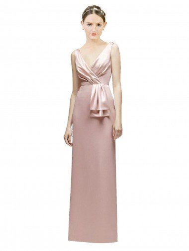 Cheapest Sleeveless V-Neck Long Satin Bridesmaid Dress with Draped Bodice and Tiered Bow UK
