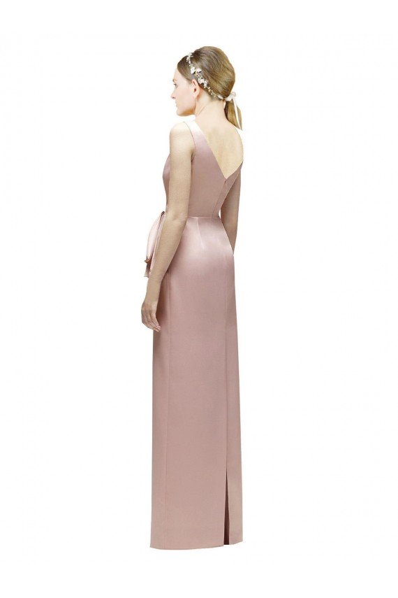 Cheapest Sleeveless V-Neck Long Satin Bridesmaid Dress with Draped Bodice and Tiered Bow UK