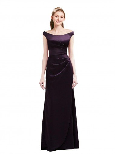Cheapest Off The Shoulder Long Satin Bridesmaid Dress with Asymmetrical Pleated Bodice UK