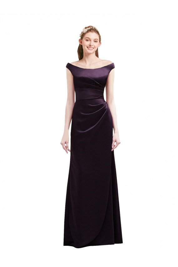 Cheapest Off The Shoulder Long Satin Bridesmaid Dress with Asymmetrical Pleated Bodice UK