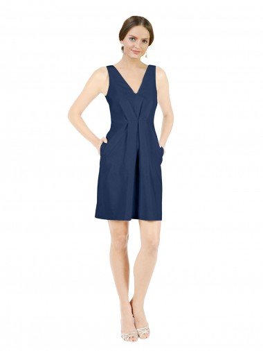 Cheapest Deep V-Neck Short Knee Length Satin Cocktail Bridesmaid Dress with Slimming Pleats UK