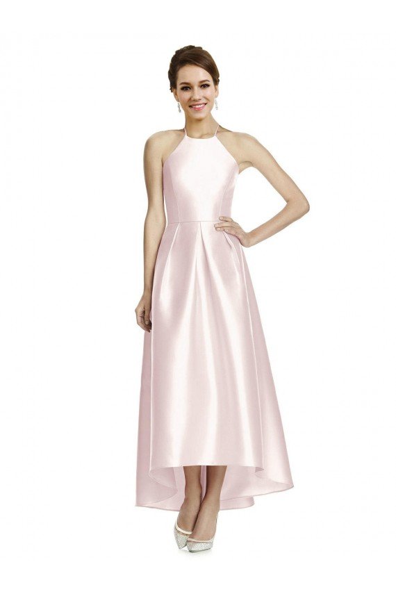 Cheapest Long High-Low Halter Satin Bridesmaid Dress with Criss-Cross Back UK