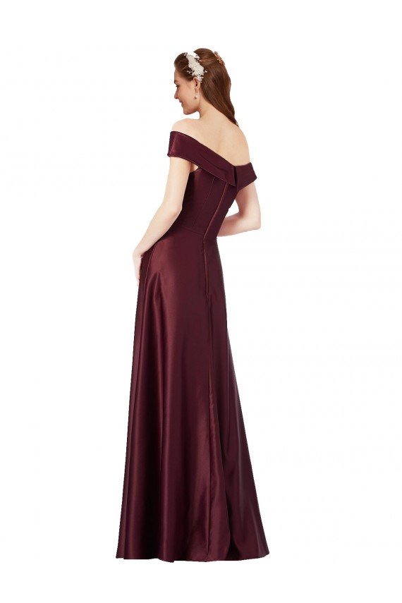 Cheapest Long Off the Shoulder Formal Satin Bridesmaid Dress / Prom Dress with Thigh-high Slit UK
