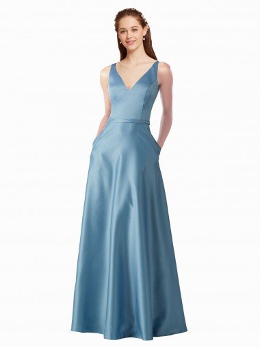 Cheapest Classic Satin V-Neck A-Line Bridesmaids Dress with Pockets UK
