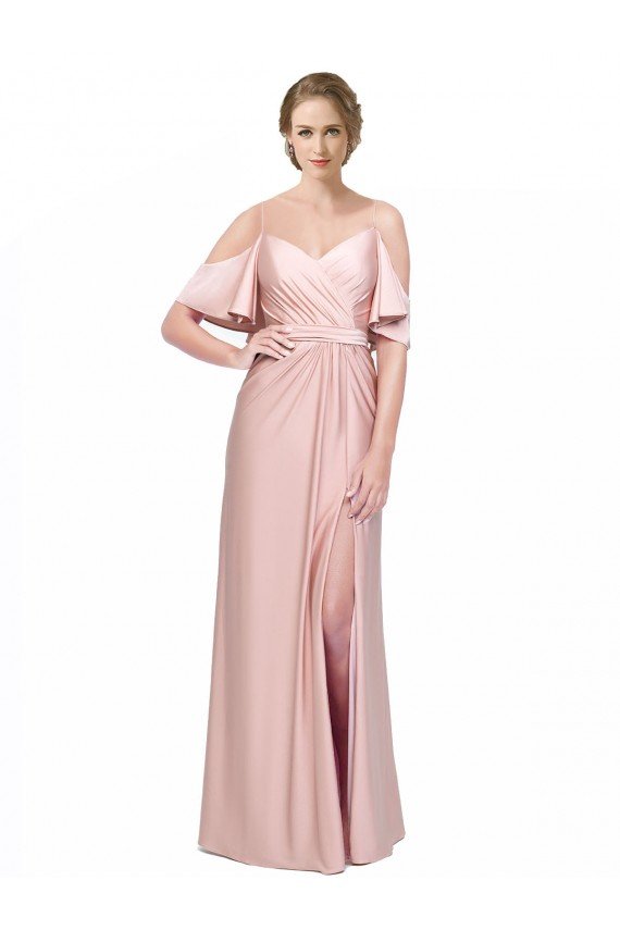 Cheapest Draped Cold Shoulder Sleeves Long Formal Silky Satin Bridesmaid Dress / Prom Dress with Slit and Tie Back UK