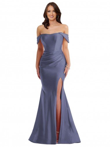 Cheapest Off the Shoulder Corset Formal Silky Satin Mermaid Bridesmaid Dress / Prom Dress with Side Slit UK