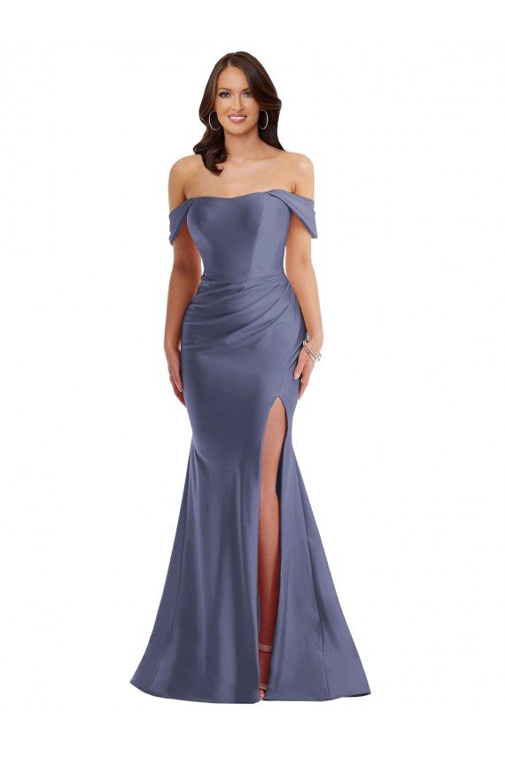 Cheapest Off the Shoulder Corset Formal Silky Satin Mermaid Bridesmaid Dress / Prom Dress with Side Slit UK