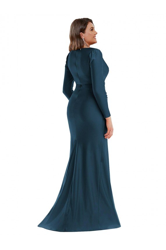 Cheapest Long Sleeves Draped Wrap Formal Silky Satin Mermaid Bridesmaid Dress / Prom Dress with Front Slit UK