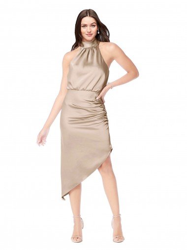 Cheapest Silky Satin High Low Midi Cocktail Length Bridesmaid Dress / Prom Dress with Asymmetric Skirt UK