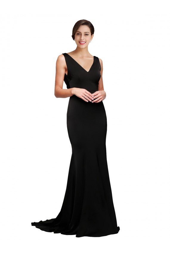 Cheapest V-Neck Full Length Formal Silky Satin Bridesmaid Dress / Prom Dress with Soft Cowl Neck and Sweep Train UK