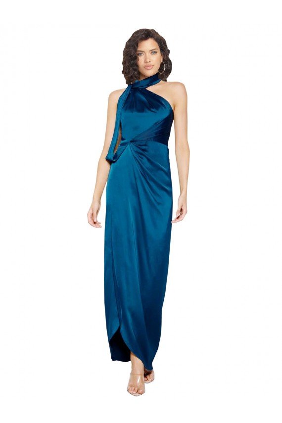 Cheapest High Halter Neck Formal Silky Satin Bridesmaid Dress / Prom Dress with Sash Overlay and Side Split UK