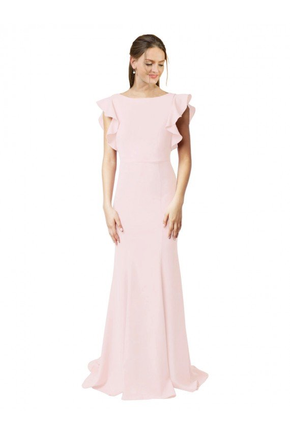 Cheapest Low V-Back Long Mermaid Crepe Bridesmaid Dress / Prom Dress with Ruffled Sleeves UK