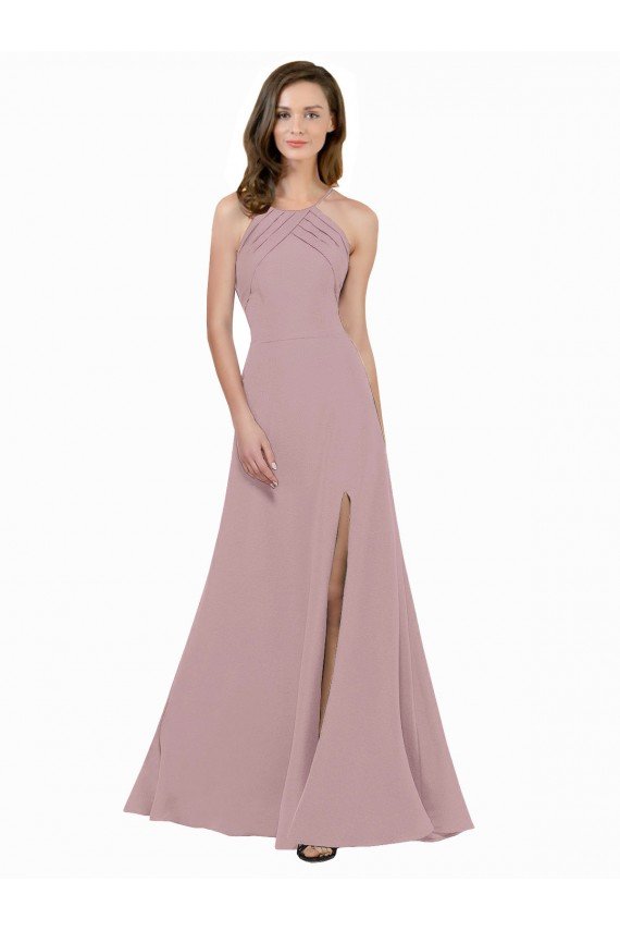 Cheapest High Neck Crepe Bridesmaid Dress / Prom Dress with Pleats and Keyhole Back UK