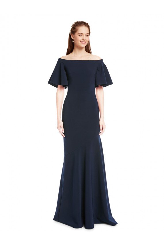 Cheapest Off the Shoulder Formal Crepe Bridesmaid Dress / Prom Dress with Short Ruffle Sleeves. UK