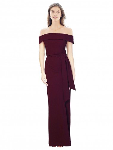 Cheapest Off the Shoulder Long Formal Crepe Bridesmaid Dress / Prom Dress with Waist Tie UK