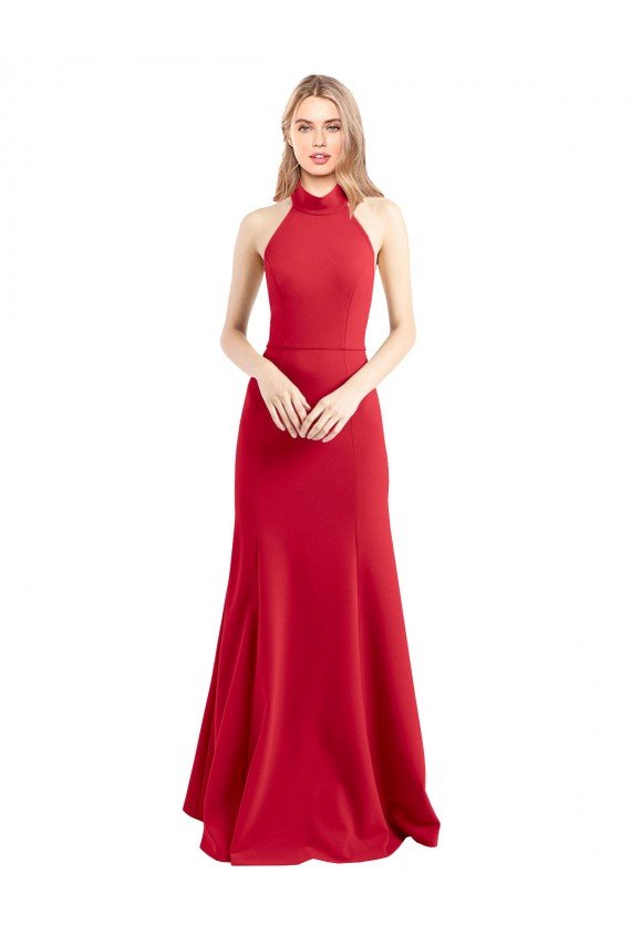 Cheapest Sleek Fit and Flare High Neck Halter Stretch Formal Crepe Bridesmaid Dress / Prom Dress with Open Back UK