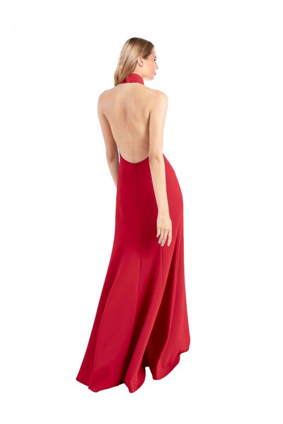 Cheapest Sleek Fit and Flare High Neck Halter Stretch Formal Crepe Bridesmaid Dress / Prom Dress with Open Back UK