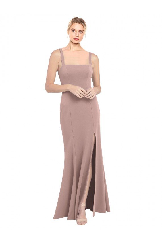 Cheapest Square Neck Fit and Flare Long Stretch Crepe Bridesmaid Dress / Prom Dress with Side Slit UK