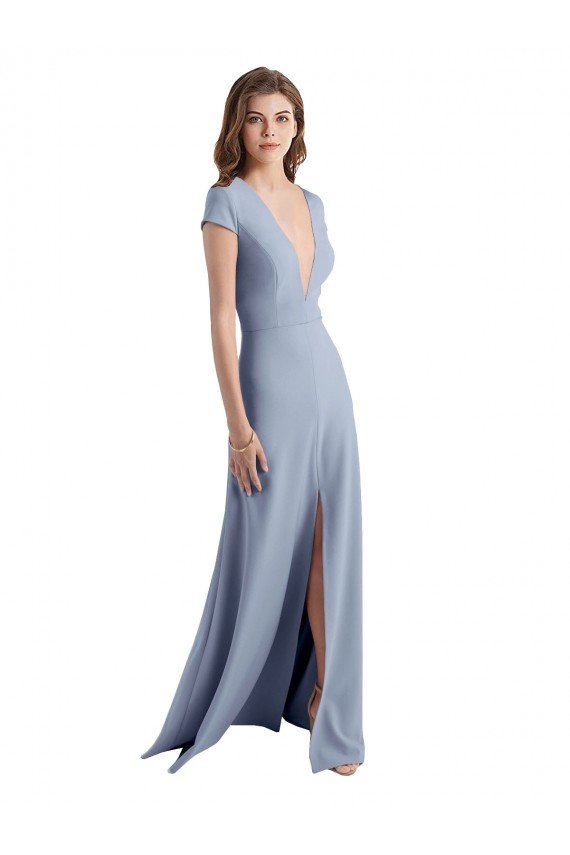 Cheapest Plunging V-Neck Cap Sleeves Stretch Crepe Bridesmaid Dress / Prom Dress with Front Slit UK