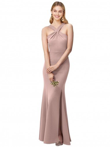 Cheapest Long Floor Length High Neck Fit and Flare Stretch Crepe Bridesmaid Dress / Prom Dress with Side Slit UK