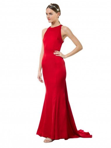 Cheapest High Neck Mermaid Open Back Formal Crepe Maxi Bridesmaid Dress / Prom Dress with Train Detail UK
