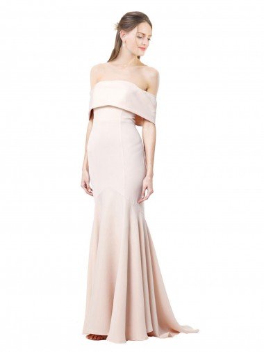 Cheapest Mermaid Bardot Maxi Formal Crepe Bridesmiad Dress with Fishtail Train UK