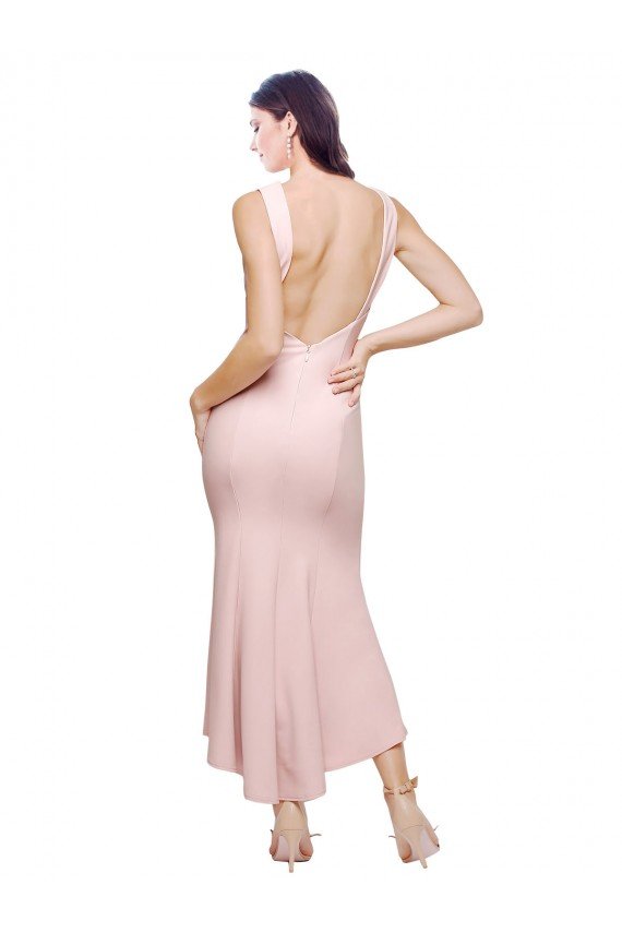 Cheapest High Neck Low V-Back Cocktail Midi Length Formal Crepe Bridesmaid Dress / Prom Dress UK