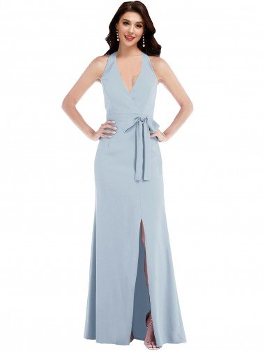 Cheapest Open Back Halter Maxi Formal Crepe Bridesmaid Dress / Prom Dress with Draped Bow UK