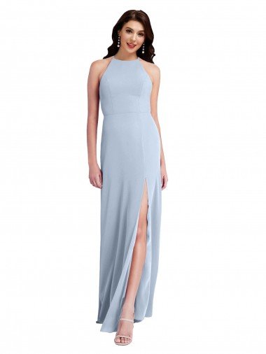 Cheapest Fit and Flare High Neck Formal Crepe Bridesmaid Dress / Prom Dress with Side Slit UK