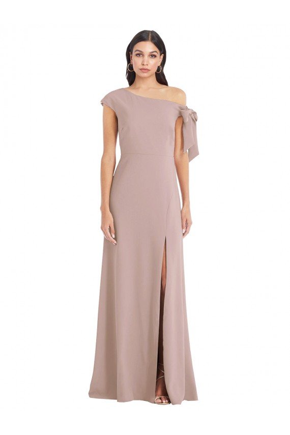 Cheapest Off the Shoulder Tie Detail Maxi Formal Crepe Bridesmaid Dress / Prom Dress with Front Slit UK
