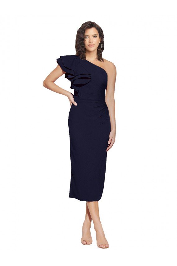 Cheapest Ruched Midi Length Short Cocktail Formal Crepe Bridesmaid Dress / Prom Dress with Shoulder Ruffles UK