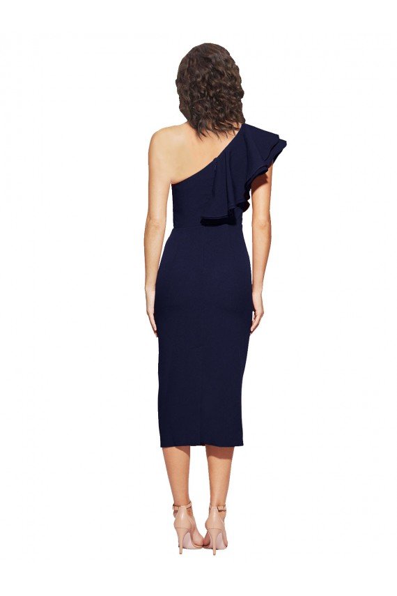 Cheapest Ruched Midi Length Short Cocktail Formal Crepe Bridesmaid Dress / Prom Dress with Shoulder Ruffles UK