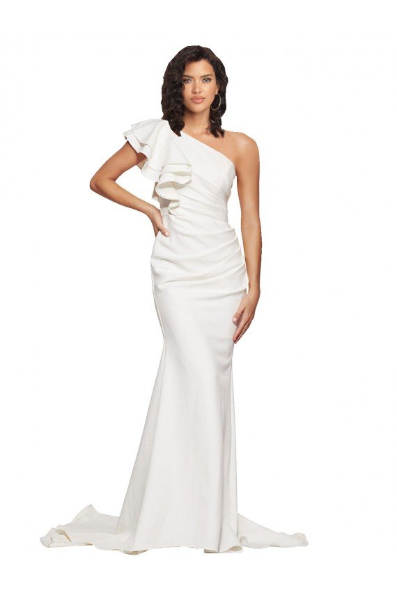 Cheapest Ruched Long Sweep Train Crepe Bridesmaid Dress / Prom Dress with Shoulder Ruffles UK