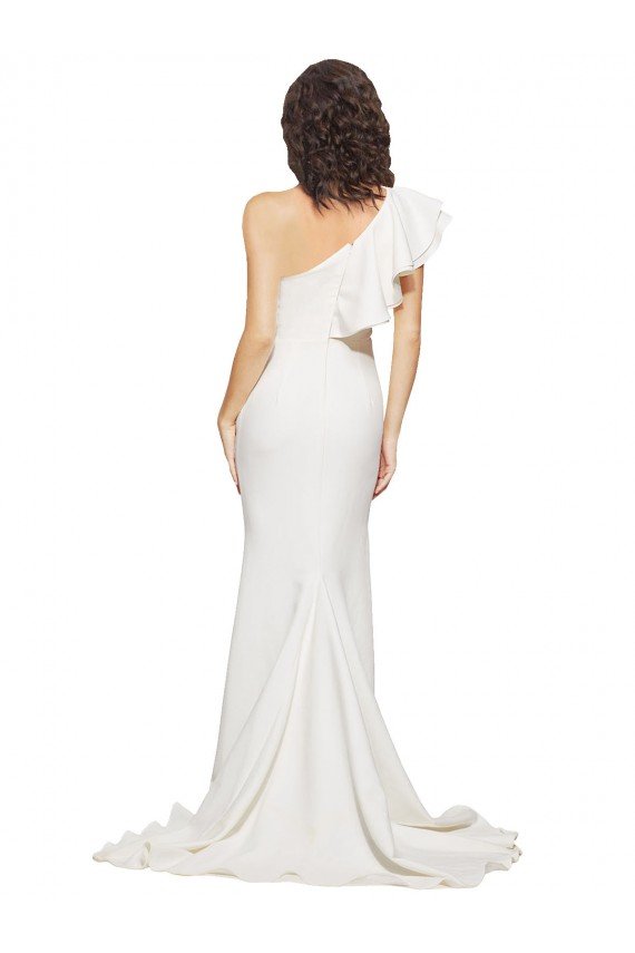 Cheapest Ruched Long Sweep Train Crepe Bridesmaid Dress / Prom Dress with Shoulder Ruffles UK