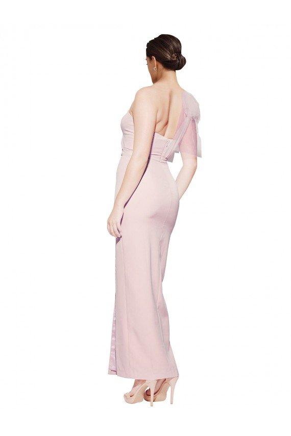 Cheapest One Shoulder Tulle Overlay Sweetheart Neckline Long Formal Crepe Bridesmaid Drss with Thigh Split UK