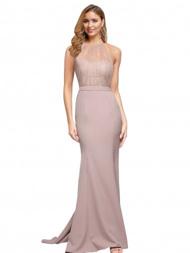 Cheapest Long Sweetheart Formal Crepe Bridesmaid Dress / Prom Dress with High Neck Illusion Tulle Details UK