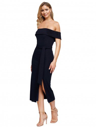 Cheapest Fitted Short Cocktail Midi Length Off the Shoulder Formal Crepe Bridesmaid Dress / Prom Dress with Side Split and Waist Tie UK