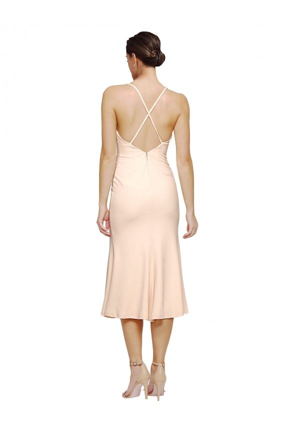 Cheapest Midi Cocktail Length V-Neckline Crepe Bridesmaid Dress / Prom Dress with Thin Straps and Fulted Skirt UK