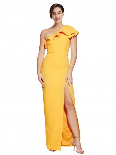 Cheapest One Shoulder Floor Length Formal Crepe Bridesmaid Dress / Prom Dress with Thigh High Split UK