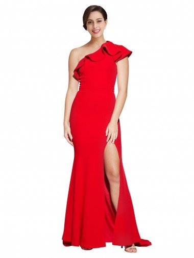 Cheapest One Shoulder Long Sweep Train Crepe Bridesmaid Dress / Prom Dress with Thigh High Split UK